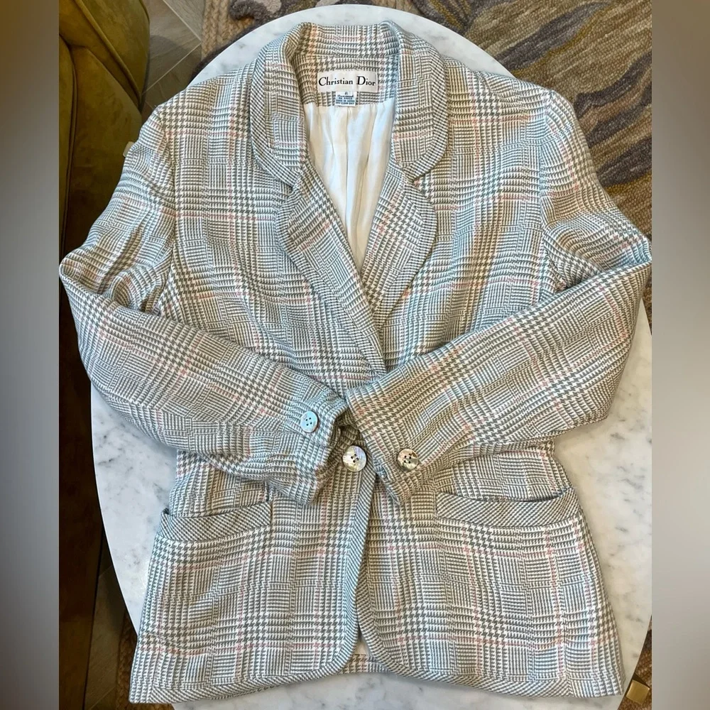 Christian Dior Vintage 80s plaid jacket & skirt, mother of pearl buttons, 8, GUC